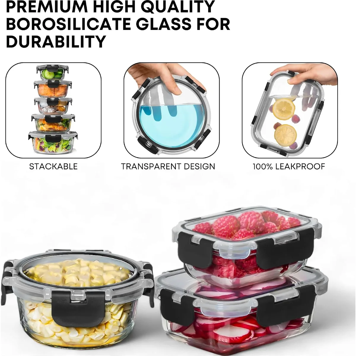 Razab 30 PC Glass Food Storage Containers with Lids - Reusable Glass Meal Prep Containers for Lunch and Leftovers - Airtight & Leakproof Snap Locking Lids - Oven, Freezer, Microwave, Dishwasher Safe — image 7