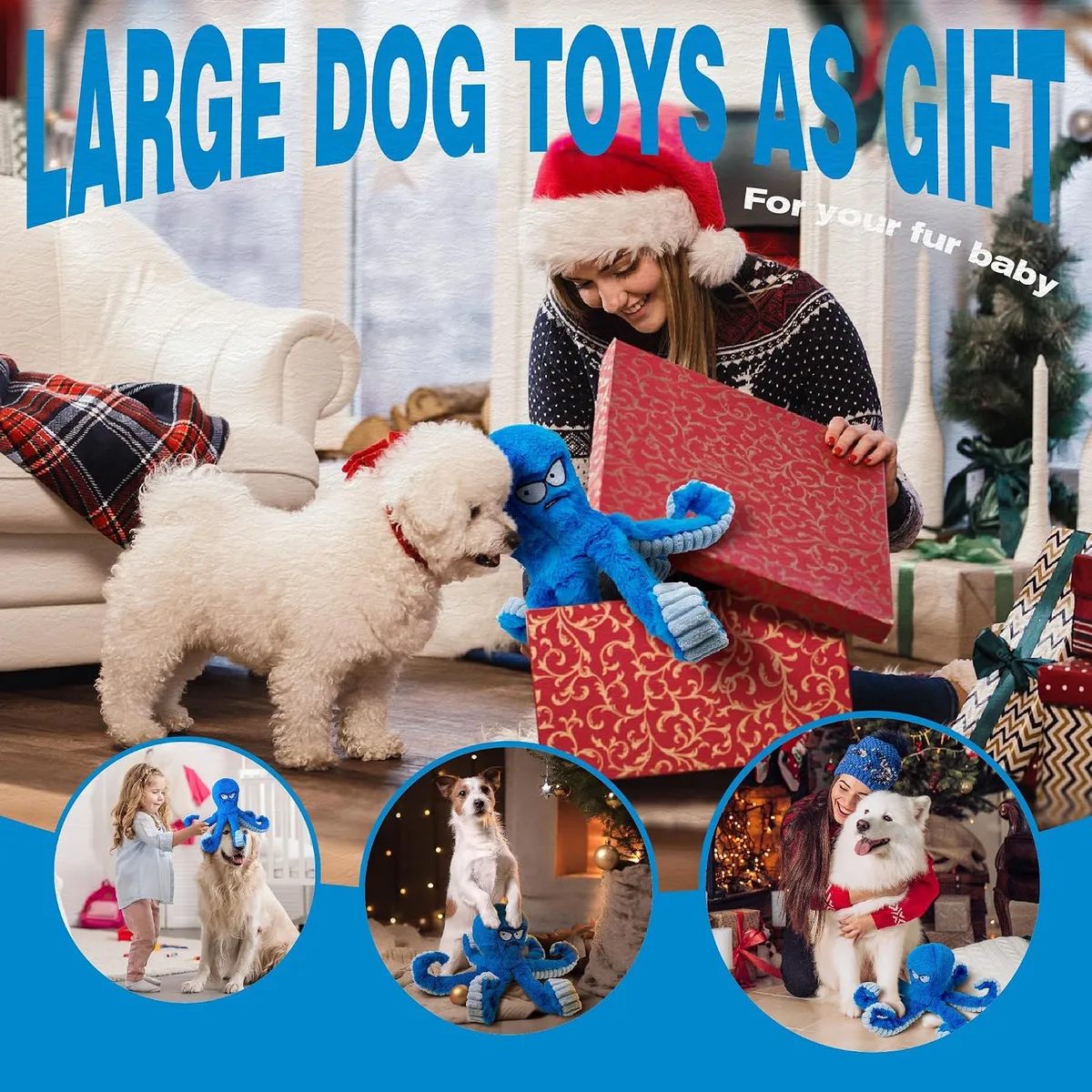 LEGEND SANDY Tough Dog Toys, Stuffed Chew Large Dog Toys to Keep Them Busy, Interactive Squeaky Tug of War Doggie Toy, Crinkle Blue Octopus — image 7