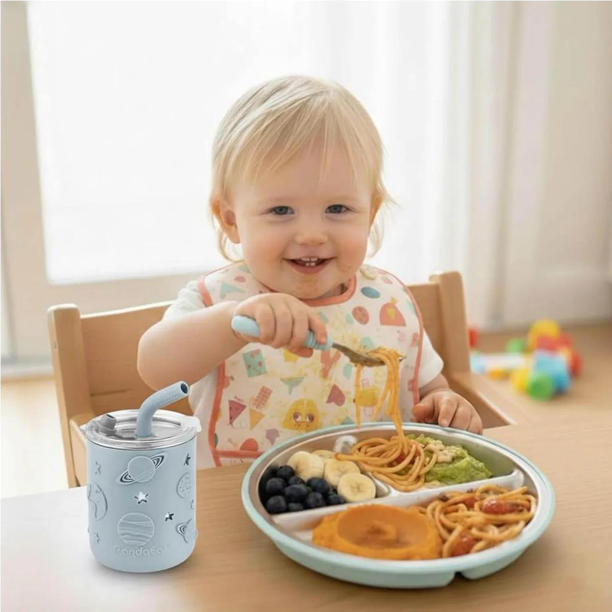 PandaEar 6-in-1 Stainless Steel Baby Feeding Set | Divided Suction Plate, Bowl, Sippy Cup with Straw, Bib, Spoon & Fork | BPA-Free Toddler Feeding Essentials for Self-Feeding (Blue) — image 2