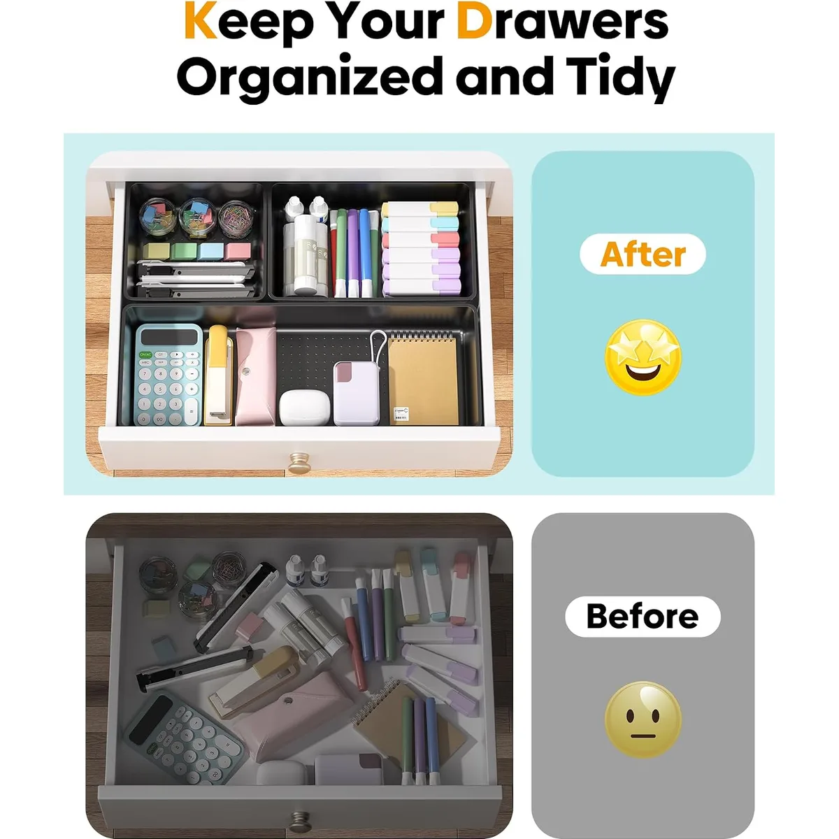 10 Pack Large Size Plastic Drawer Organizers Set, 3 Sizes Desk Drawer Organizer Trays, Storage Bins for Vanity, Makeup, Bathroom, Kitchen Utensils and Office (Black) — image 4
