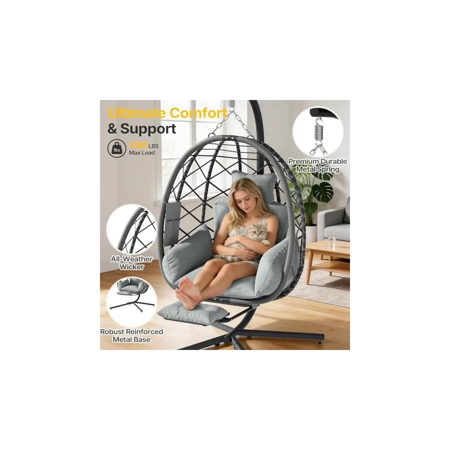 Suteck Hanging Egg Chair with Adjustable Footrest & Stand, Grey — image 5