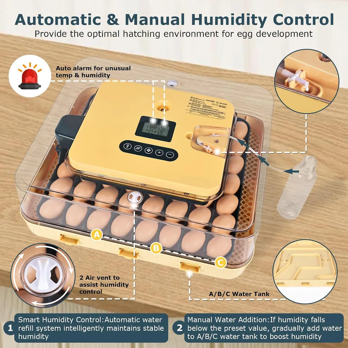 Incubators for Hatching Eggs, 56 Eggs Incubator with Egg Candler, Auto Egg Turner, Temp & Humidity Control, Hatch Day,360° Viewing for Chicken,Duck,Quail Eggs,Ideal for Farm,School and Lab,Blue&Yellow — image 3