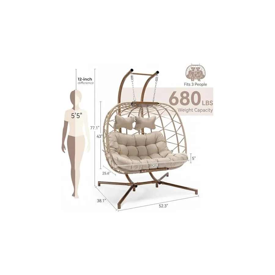 NICESOUL Double Swing Egg Chair with Stand, Extra Large 2 Person Indoor Outdoor Wicker Loveseat, Oversized Patio Hanging Basket Chair with Cushions, Cozy Sturdy Porch Swing for Backyard Balcony, Beige — image 5