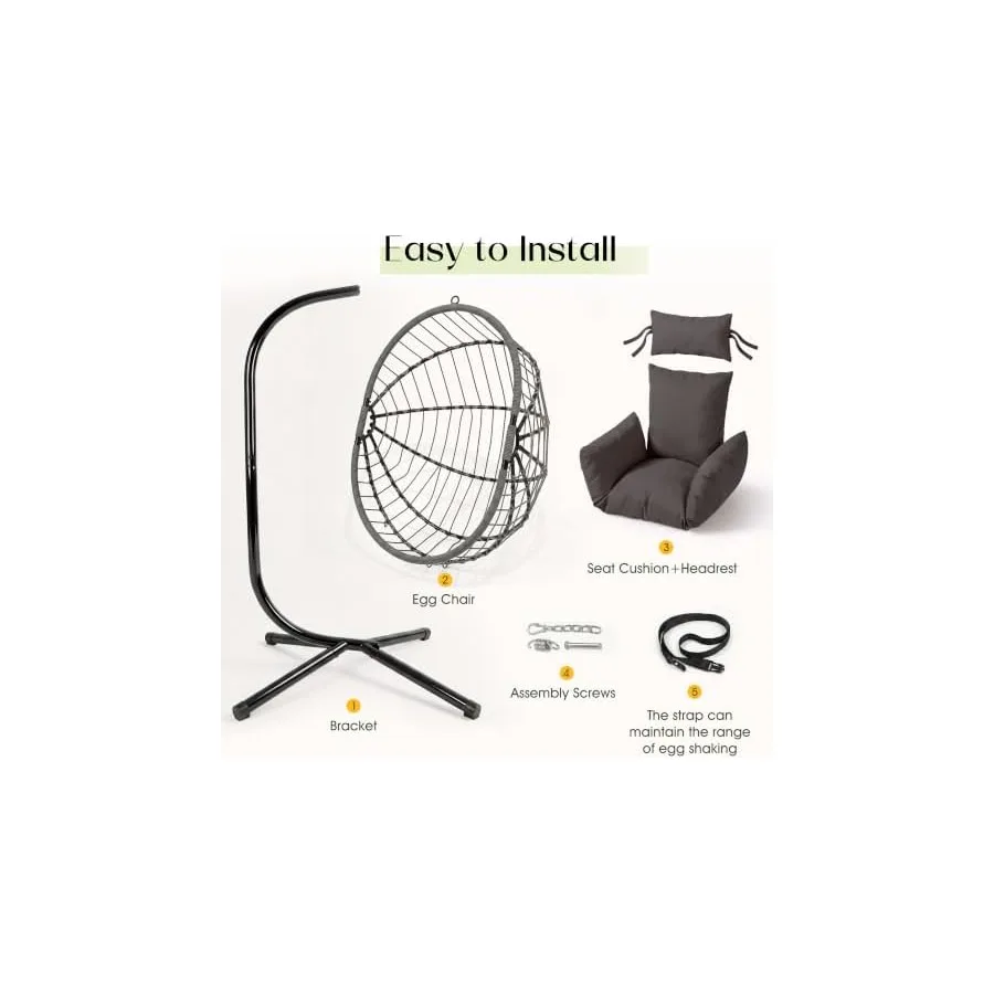 LEX CRAFT Hanging Egg Chair with Stand, Swinging Egg Chair Outdoor Indoor, Hanging Basket Chair with Cushion, Patio Wicker Hammock Chair 350lbs Capacity Gery-Gery — image 7