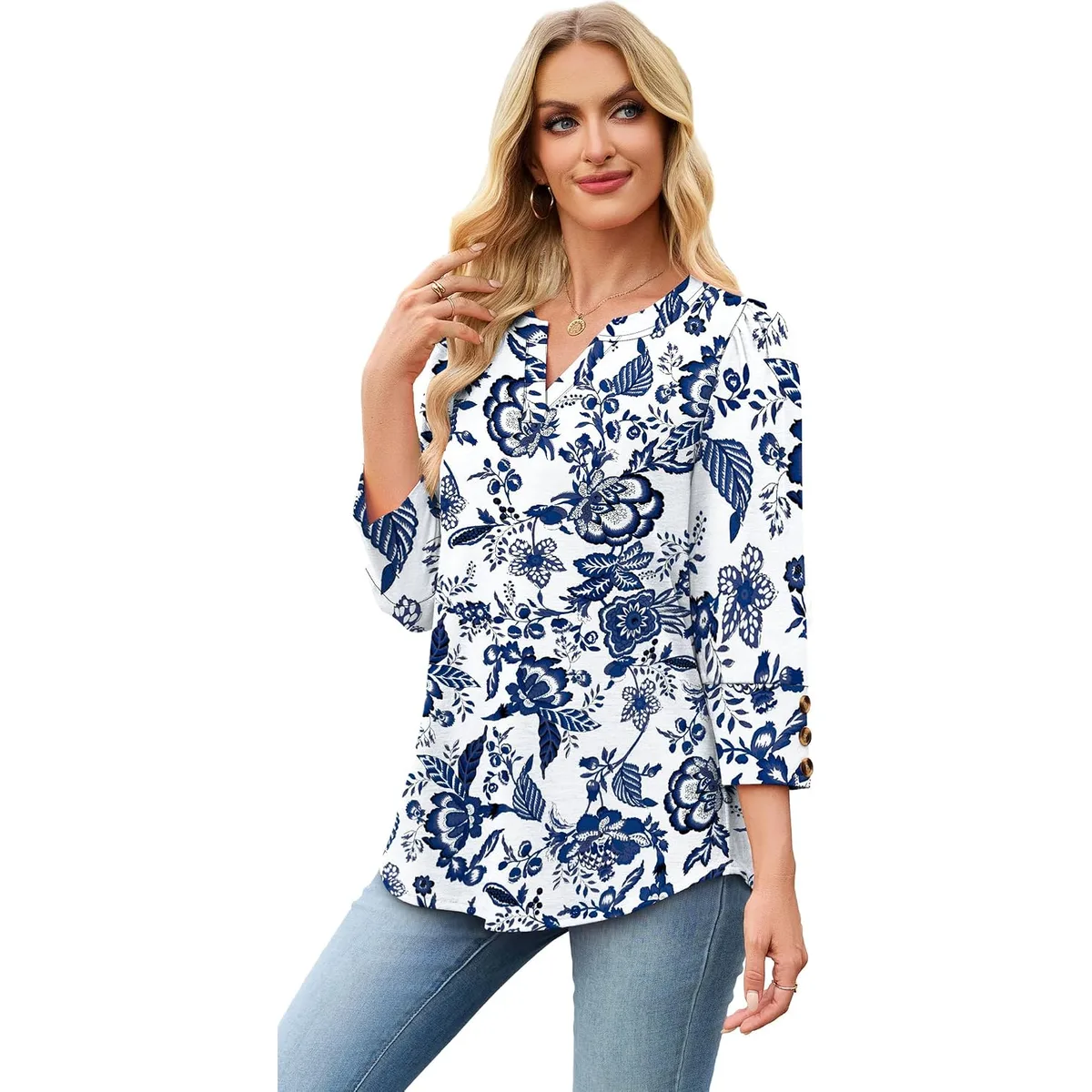 WIHOLL 3/4 Length Sleeve Womens Tops with Button Cuffs Dressy Casual V Neck Summer Outfits Early Fall Fashion Spring Clothes — image 5