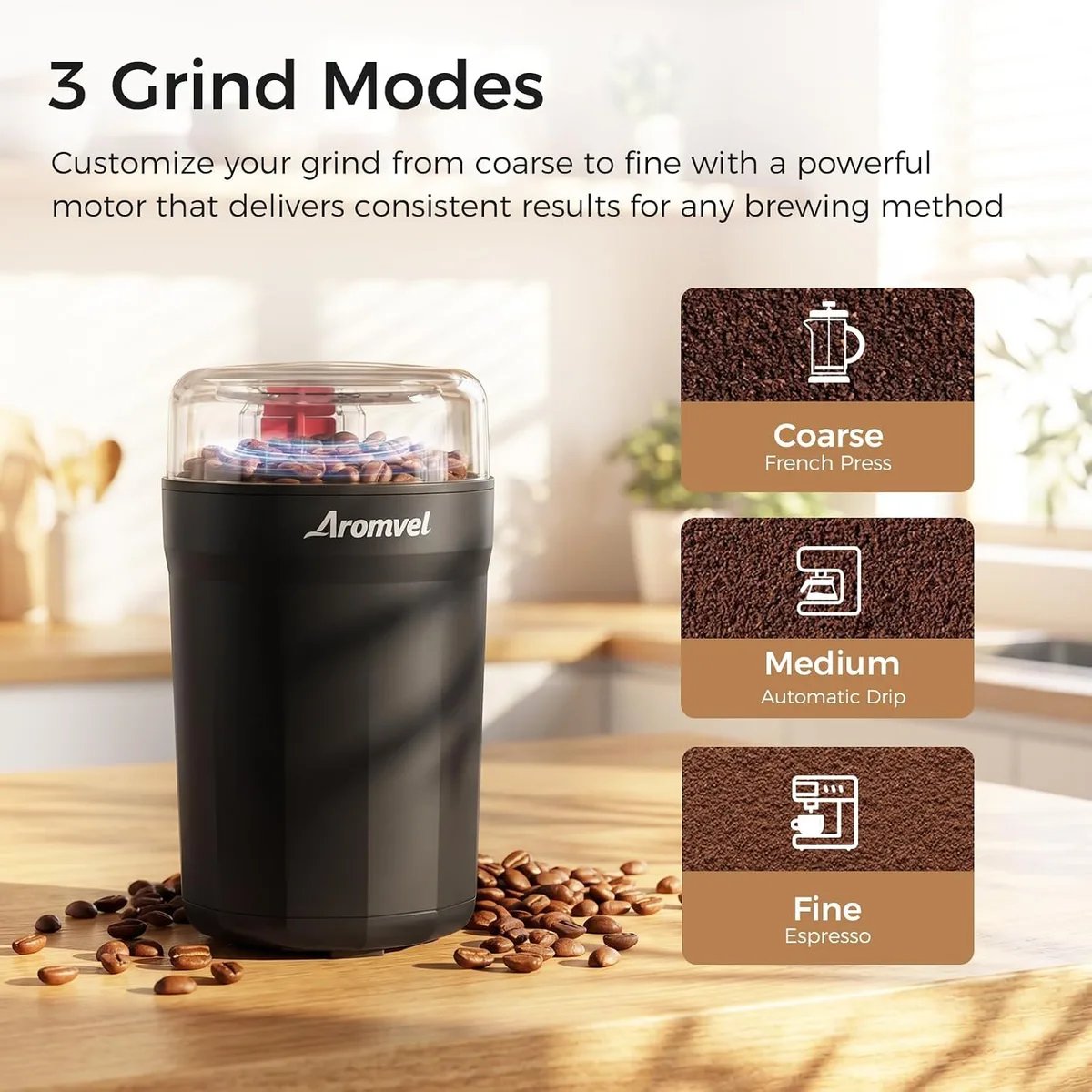 Electric Coffee Grinder, 2-in-1 Cleaning Brush & Scoop, Safety Lid — image 3