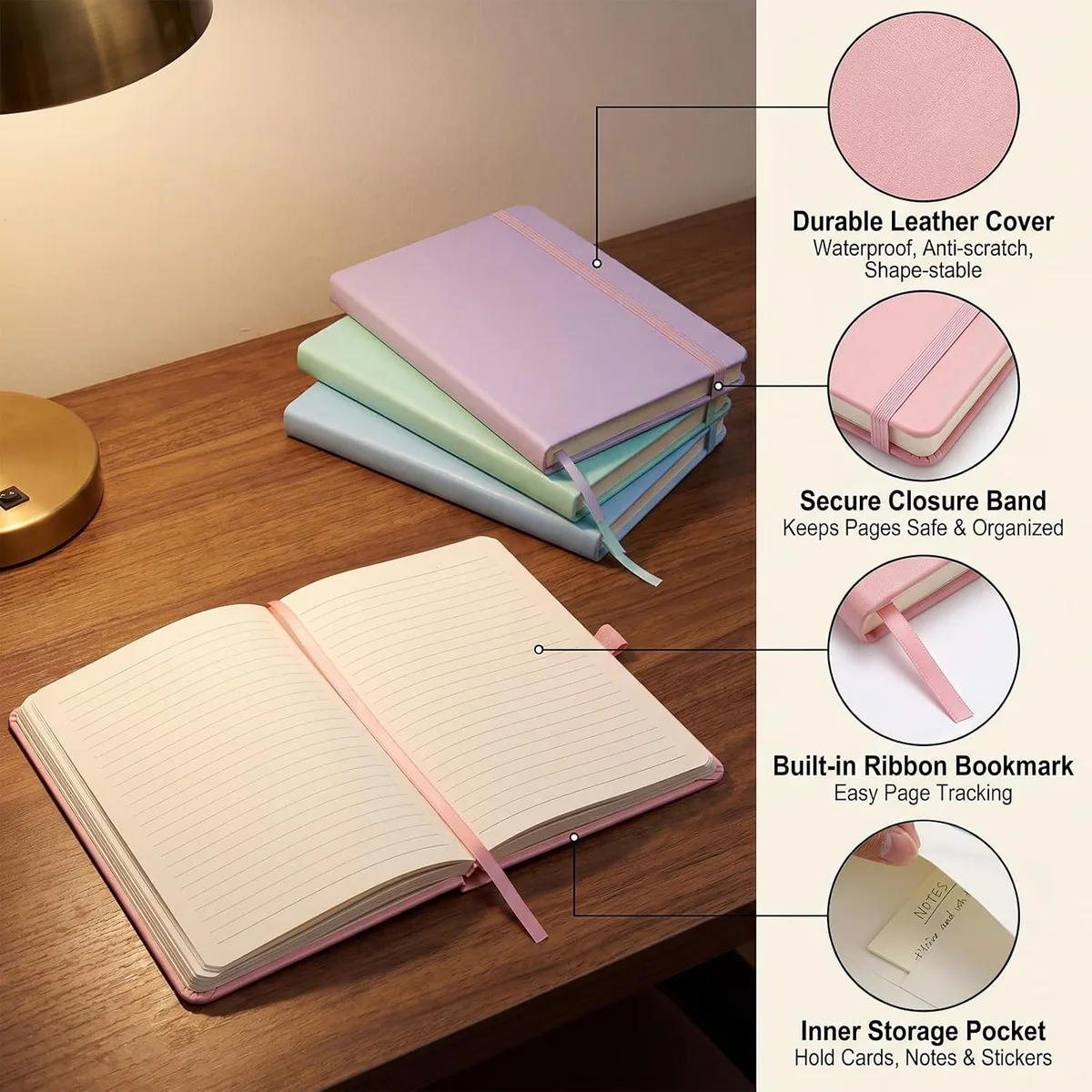 Thboxes 4 Pcs A5 Hardcover Leather Journals, Pen Loop, 120 Sheets, Bookmark — image 3