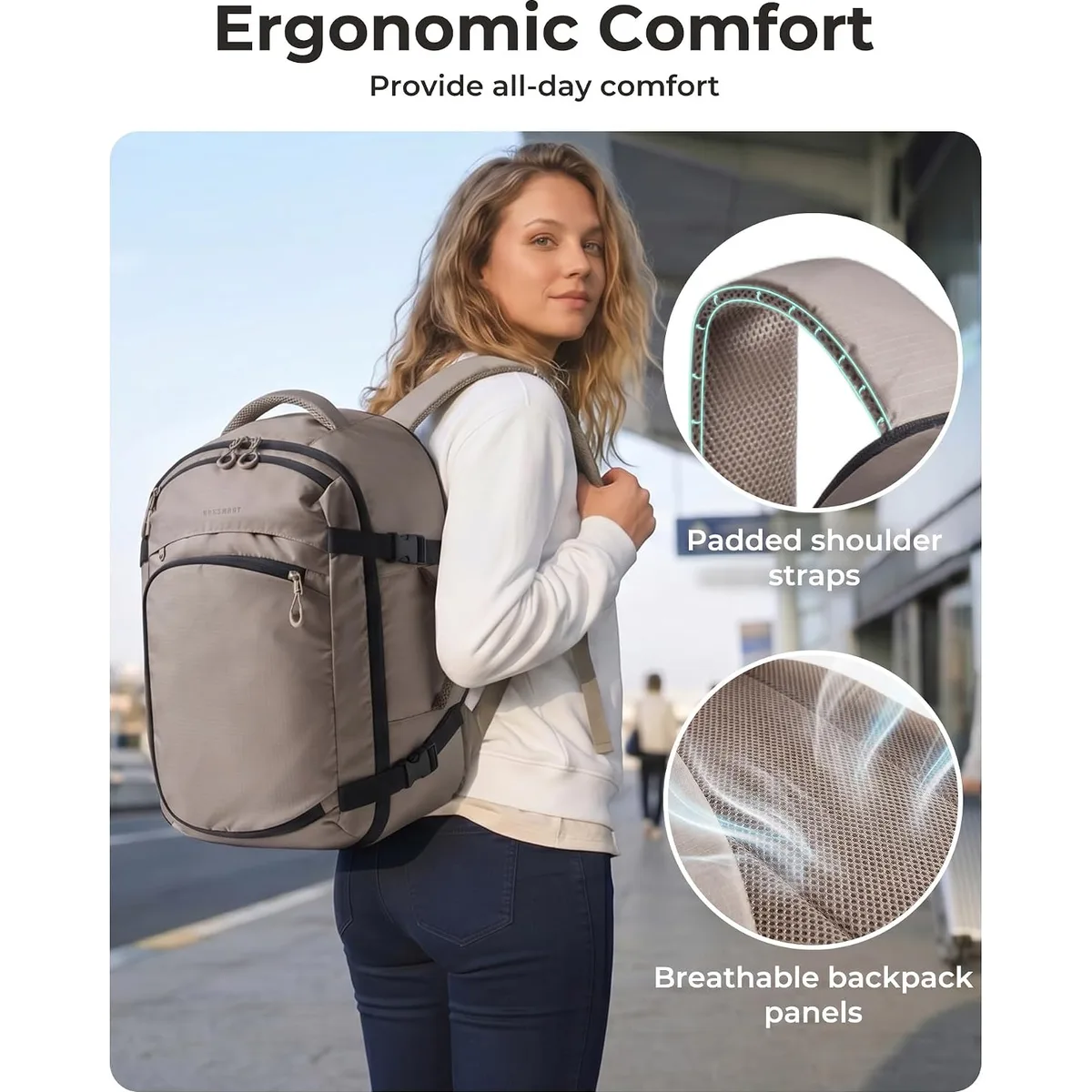 BAGSAMRT 35L Travel Backpack for Men Women, 17-In Carry on Backpack, Beige — image 7