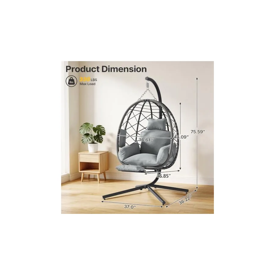 Suteck Hanging Egg Chair with Adjustable Footrest & Stand, Grey — image 3