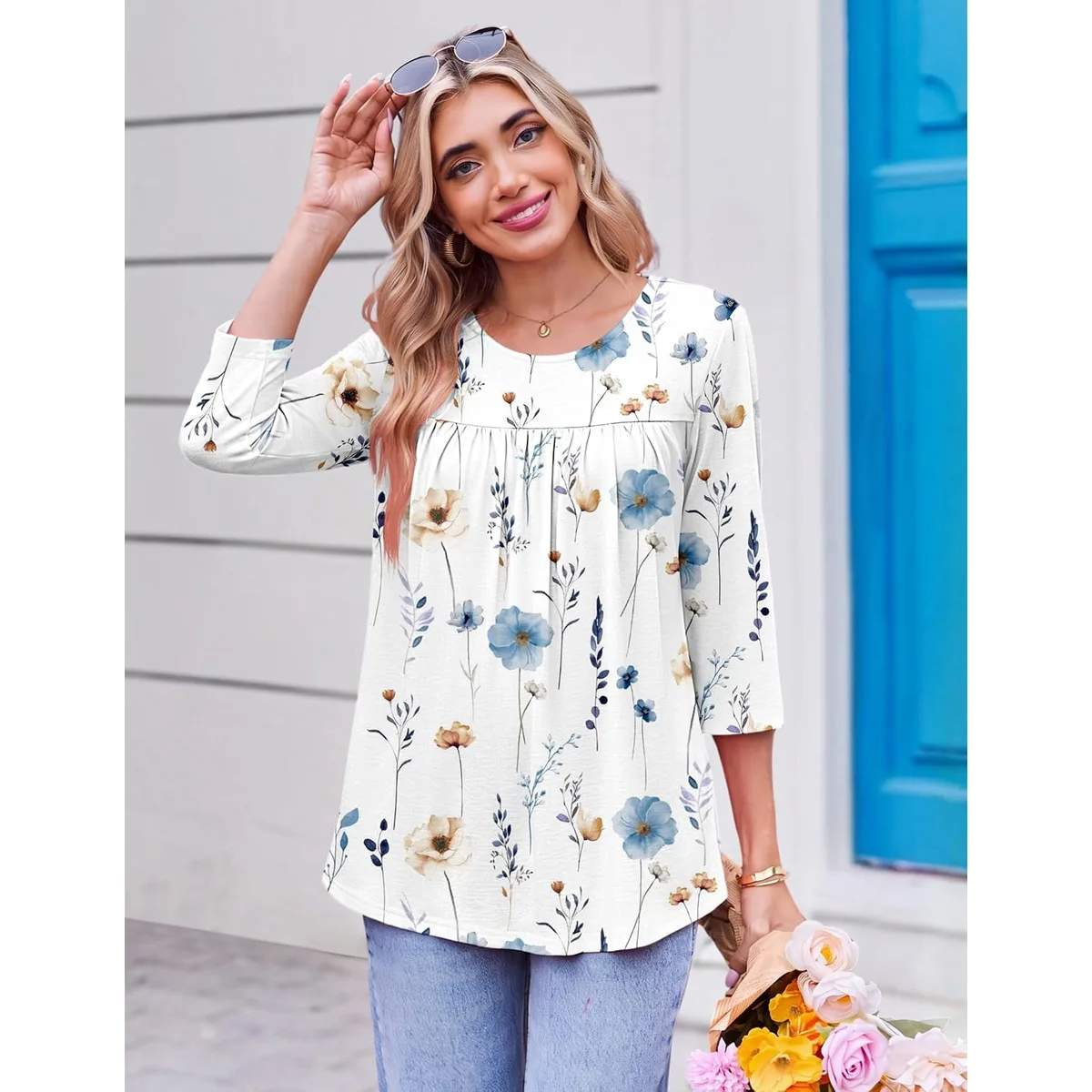 Ekouaer Womens 3/4 Length Sleeve Tops Boho Blouses Casual Pleated Shirts — image 4