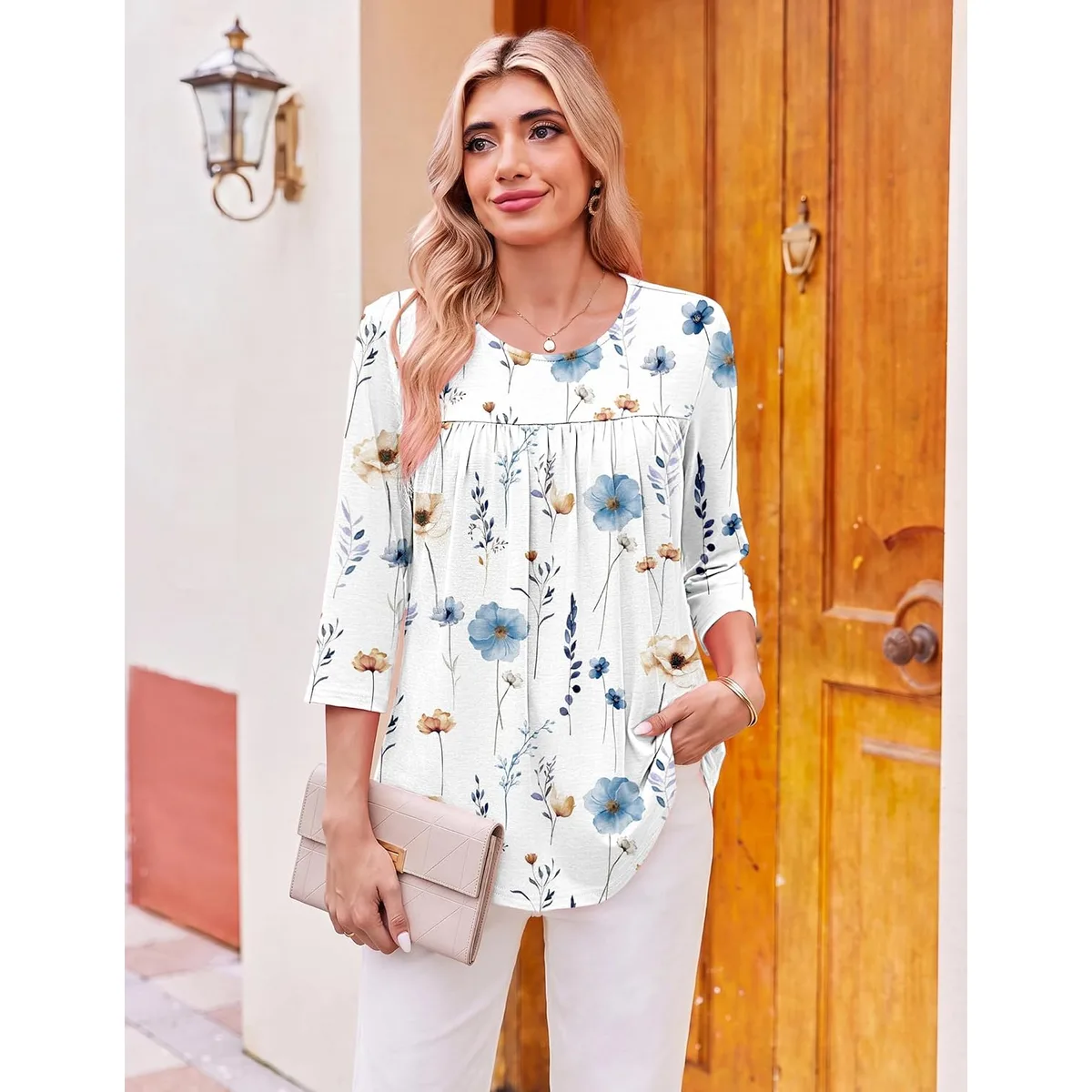 Ekouaer Womens 3/4 Length Sleeve Tops Boho Blouses Casual Pleated Shirts — image 3