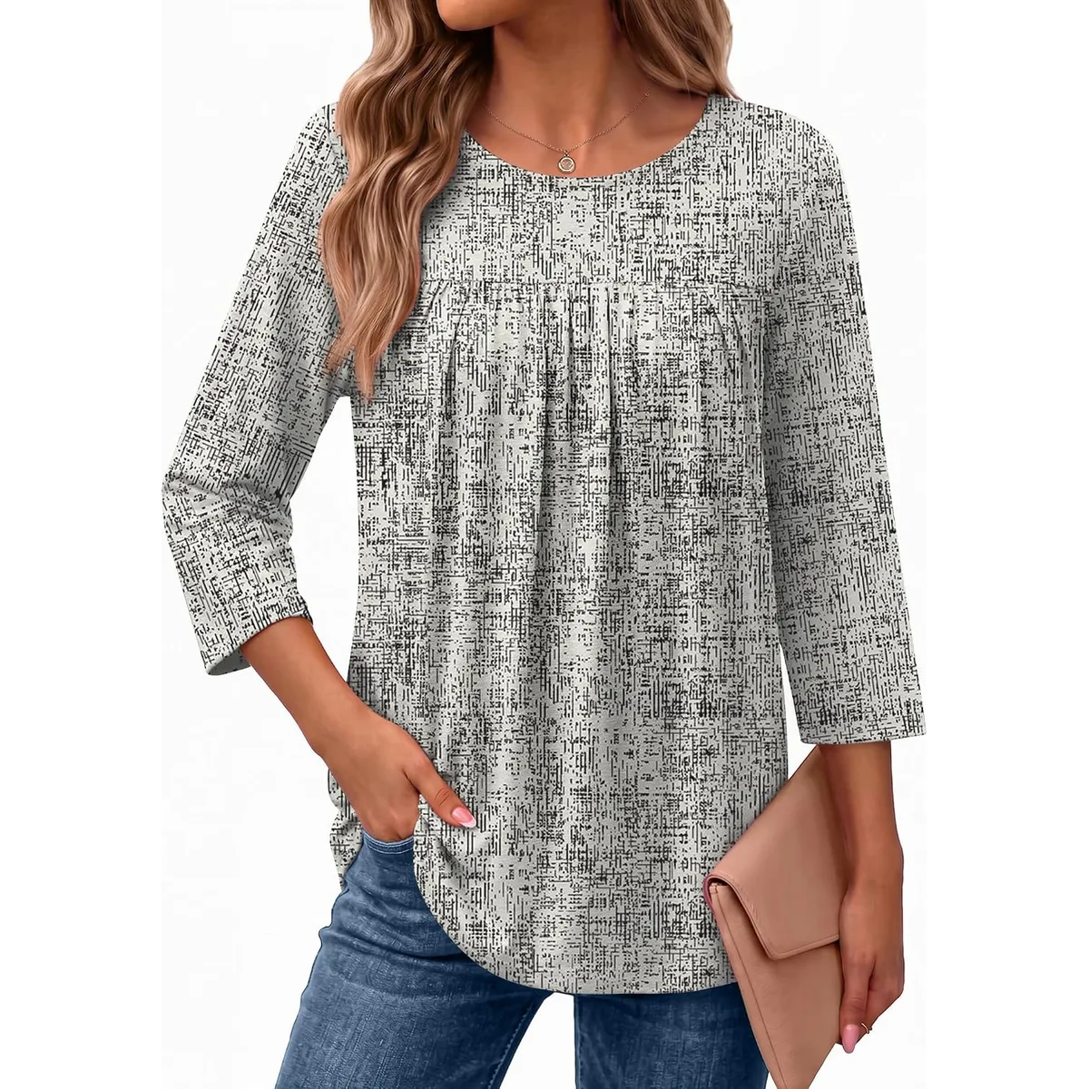 Ekouaer Womens 3/4 Length Sleeve Tops Boho Blouses Casual Pleated Shirts — image 7