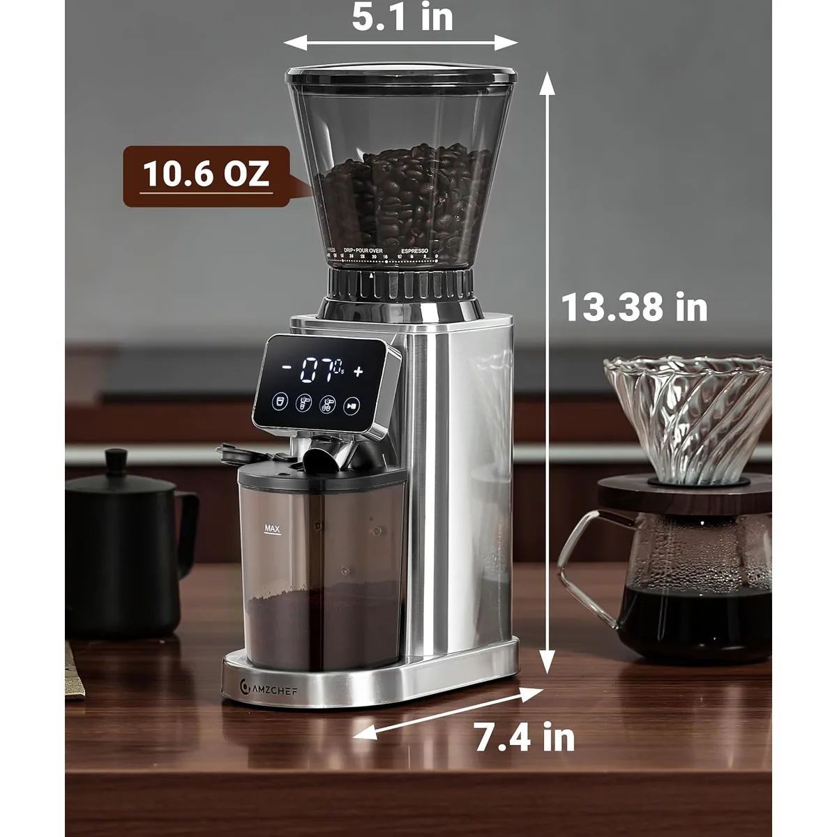 AMZCHEF Burr Coffee Grinder, 48 Settings, Less Static Mess, Metallic Silver — image 7