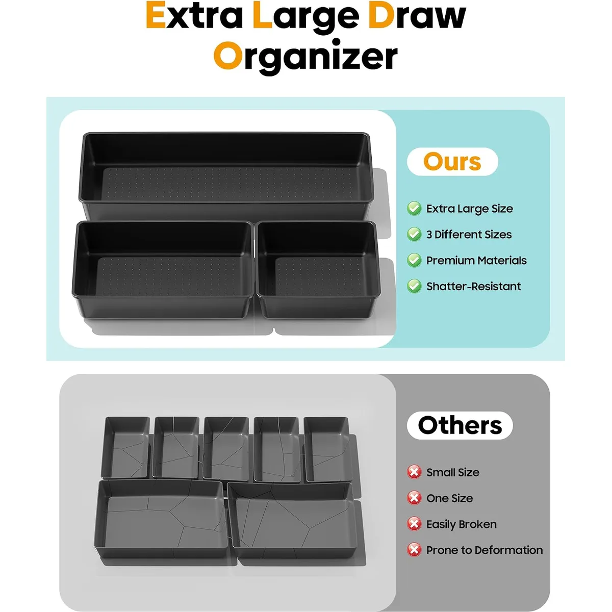 10 Pack Large Size Plastic Drawer Organizers Set, 3 Sizes Desk Drawer Organizer Trays, Storage Bins for Vanity, Makeup, Bathroom, Kitchen Utensils and Office (Black) — image 3
