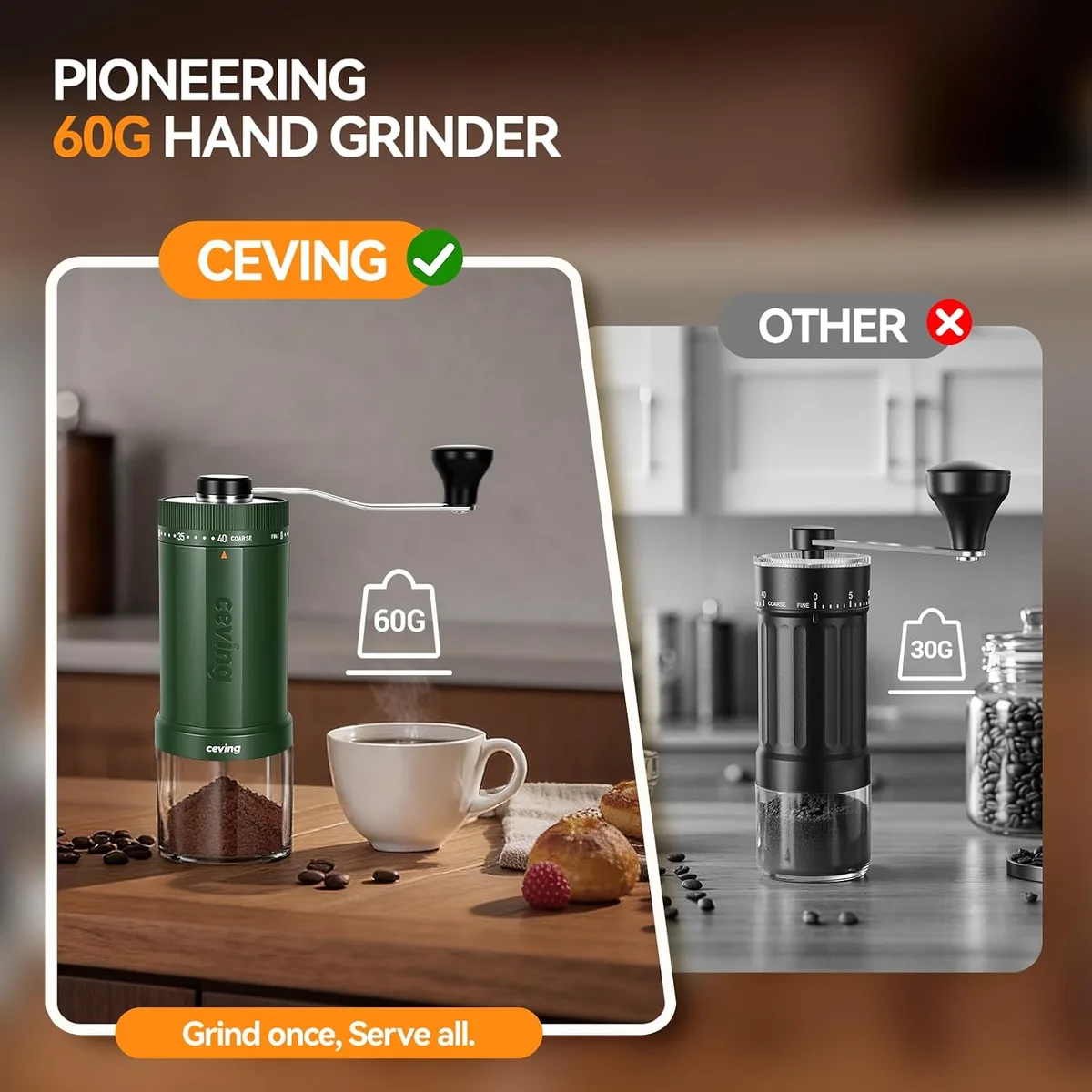 CEVING World's First 60g Large Capacity Manual Coffee Grinder, Green — image 2