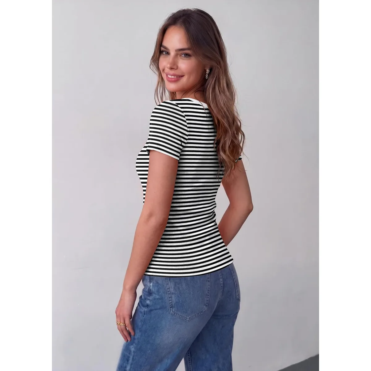 Zeagoo Womens Tops Short Sleeve Rib Knit Basic Tee Scoop Neck Fitted Shirt — image 3