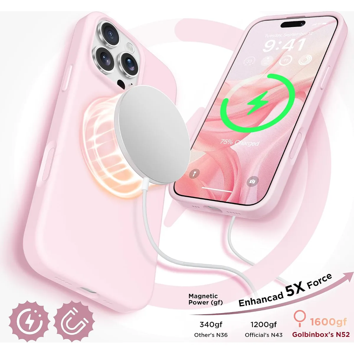 GolbinBox Magnetic for iPhone 16 Pro Case, Silicone Cover, Chalk Pink — image 3