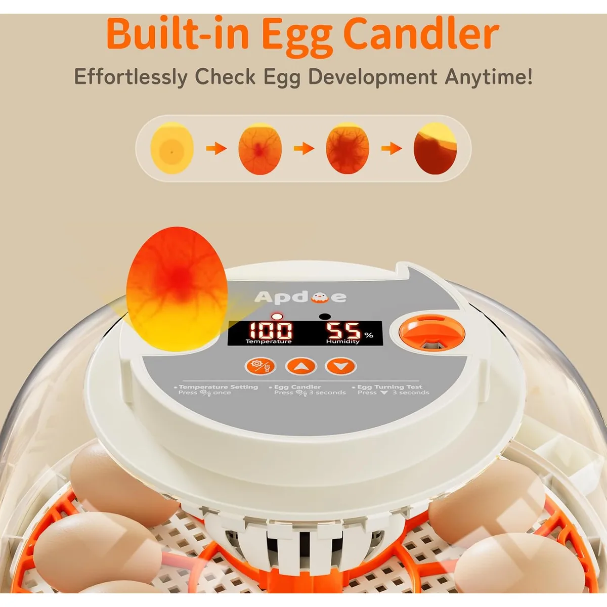 APDOE Egg Incubators for Hatching Eggs, Temperature and Humidity Control, Automatic Egg Turning, Egg Candler, External Water Bottle, Air Vent, for Chicken, Duck & Quail Eggs, 12 Eggs — image 5