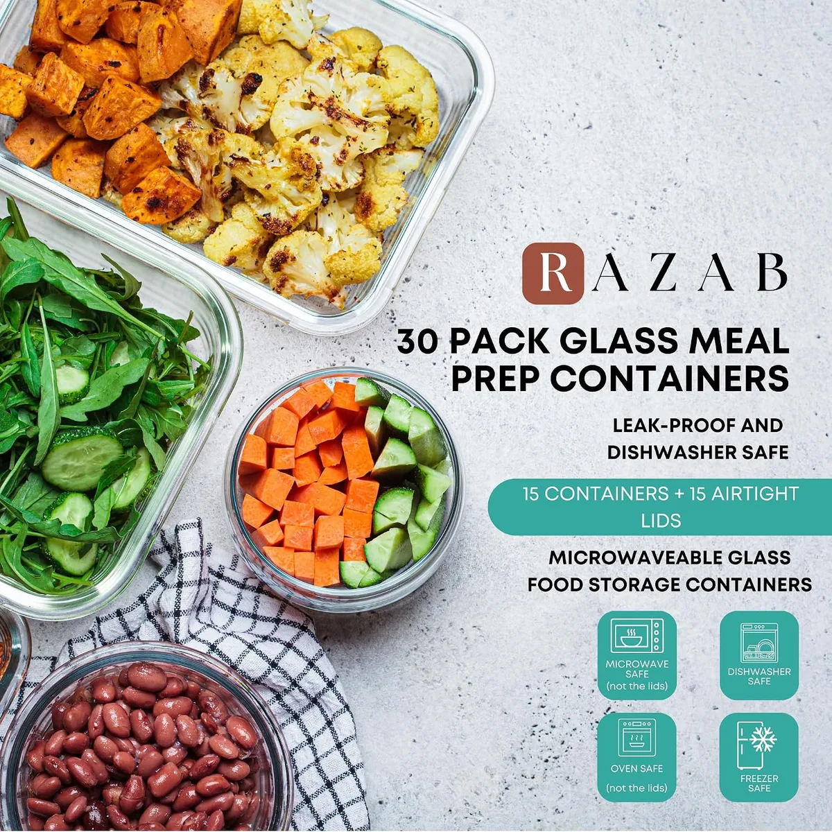 Razab 30 PC Glass Food Storage Containers with Lids - Reusable Glass Meal Prep Containers for Lunch and Leftovers - Airtight & Leakproof Snap Locking Lids - Oven, Freezer, Microwave, Dishwasher Safe — image 8