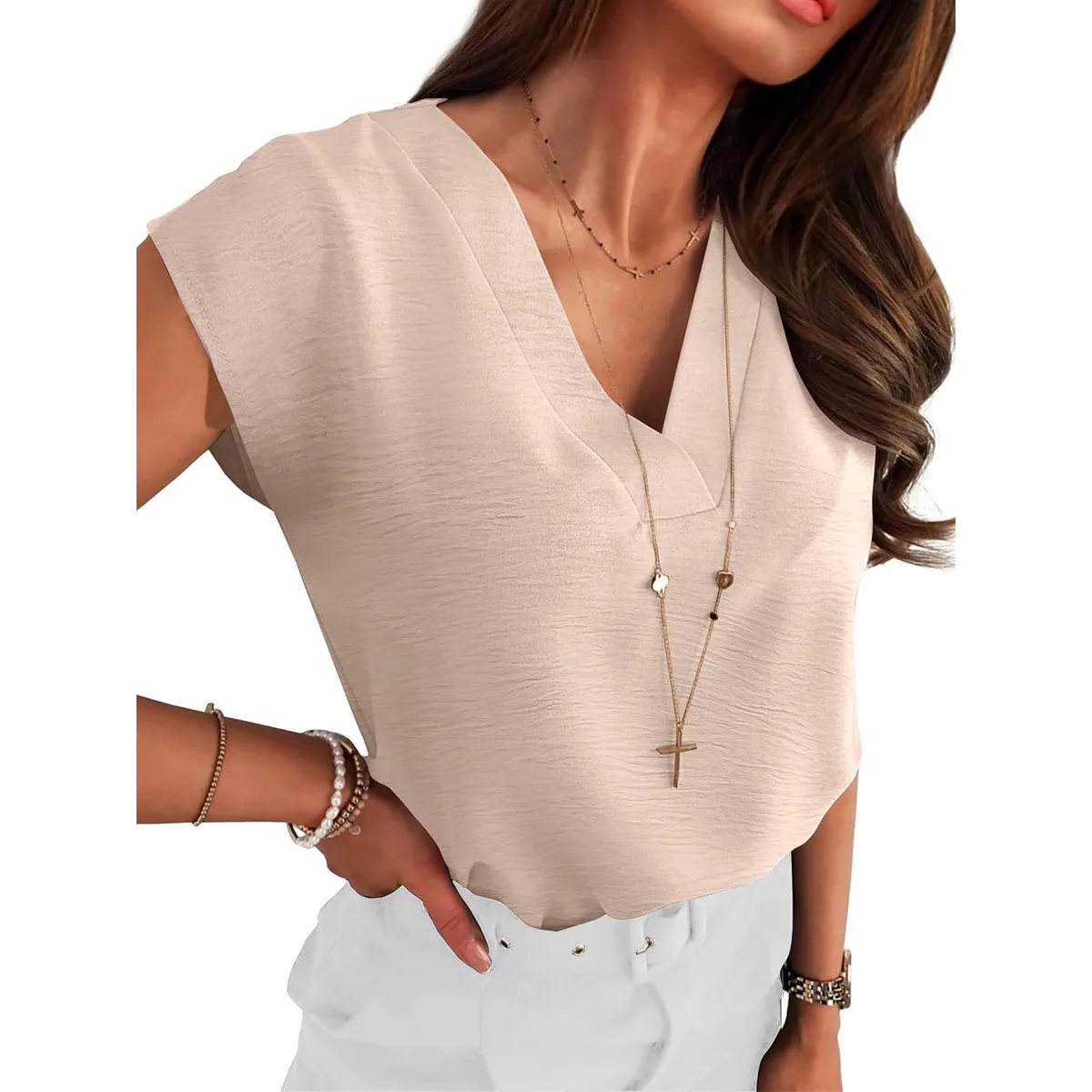ANRABESS Women Tops Business Casual Cap Sleeve Dressy Blouse V Neck Shirts — image 8