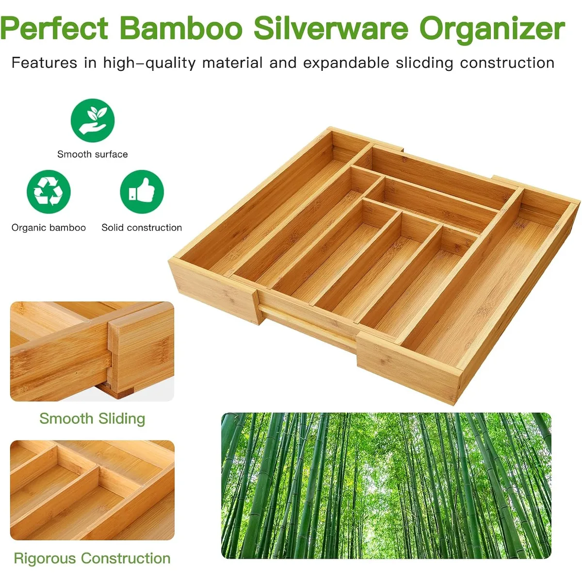 Pipishell Expandable Bamboo Silverware Organizer, Large Kitchen Drawer Tray — image 5