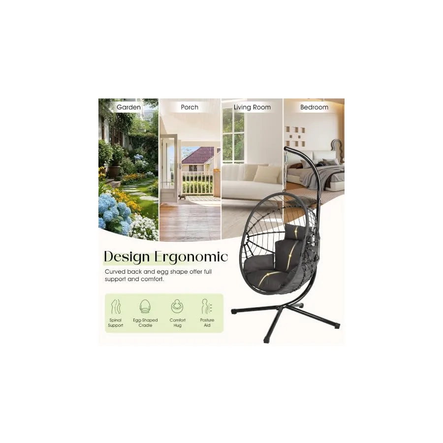 LEX CRAFT Hanging Egg Chair with Stand, Swinging Egg Chair Outdoor Indoor, Hanging Basket Chair with Cushion, Patio Wicker Hammock Chair 350lbs Capacity Gery-Gery — image 5