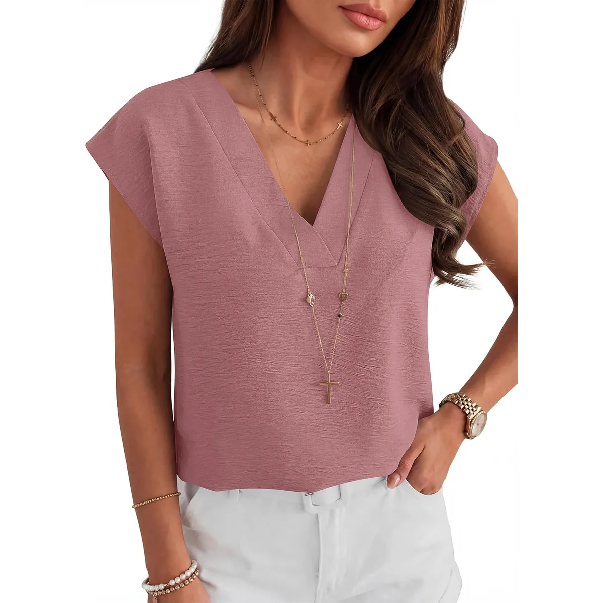ANRABESS Women Tops Business Casual Cap Sleeve Dressy Blouse V Neck Shirts — image 6