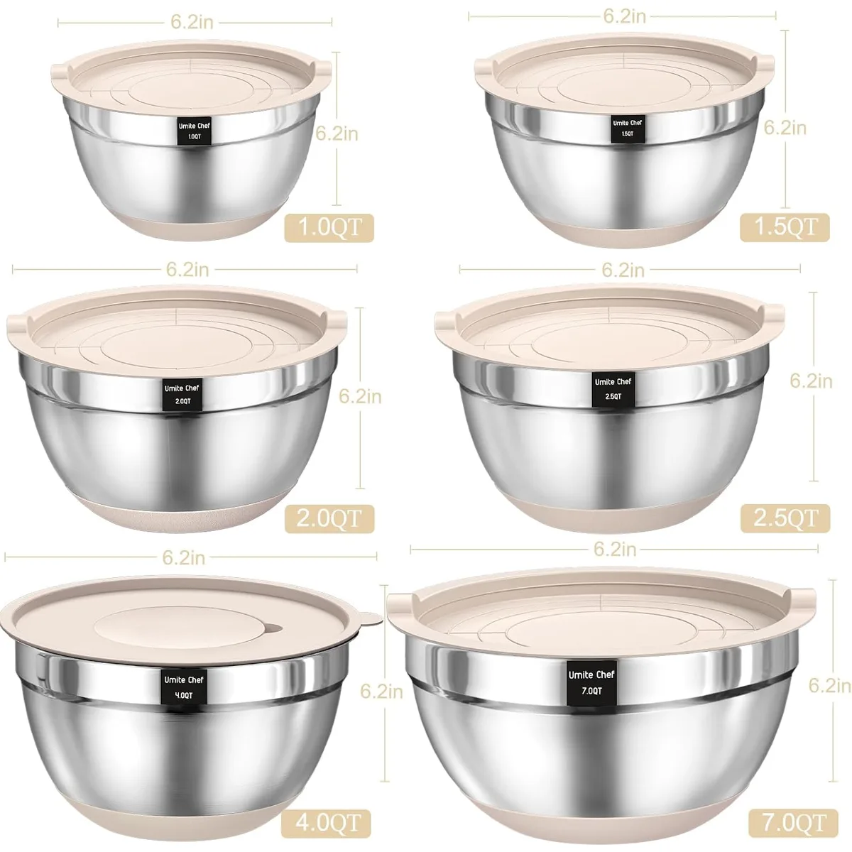 Mixing Bowls with Airtight Lids Set, 26PCS Stainless Steel Khaki Bowls with Grater Attachments, Non-Slip Bottoms & Kitchen Gadgets Set, Size 7, 4, 2.5, 2.0,1.5, 1QT, Great for Mixing & Serving — image 2