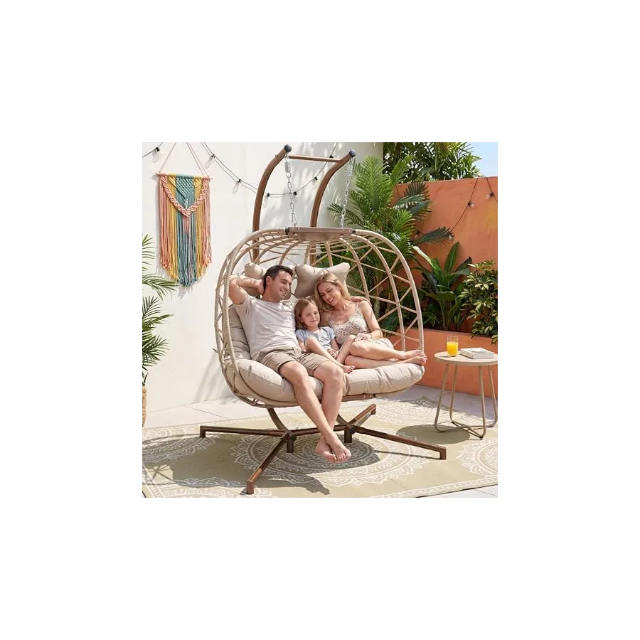 NICESOUL Double Swing Egg Chair with Stand, Extra Large 2 Person Indoor Outdoor Wicker Loveseat, Oversized Patio Hanging Basket Chair with Cushions, Cozy Sturdy Porch Swing for Backyard Balcony, Beige — image 3
