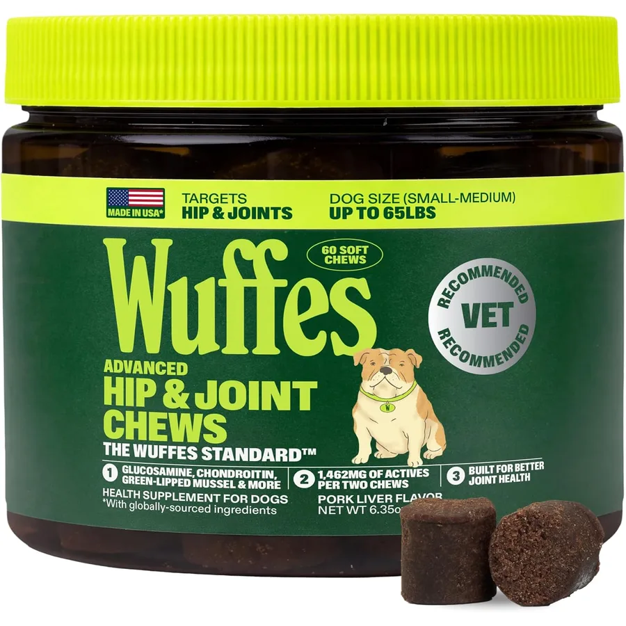 Advanced Hip & Joint Chews for Small & Medium Breed Dogs, Vet Recommended, Glucosamine, Chondroitin, MSM, Green-Lipped Mussel & Hyaluronic Acid Supplement, Supports Mobility, 60 Pork Chews