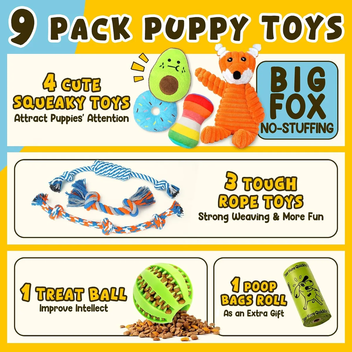 Zeaxuie 9 Pack Luxury Puppy Toys for Teething Small Dogs, Puppy Chew Toys with Cute Squeaky Dog Toys, Ball and More Rope Dog Chew Toys — image 2