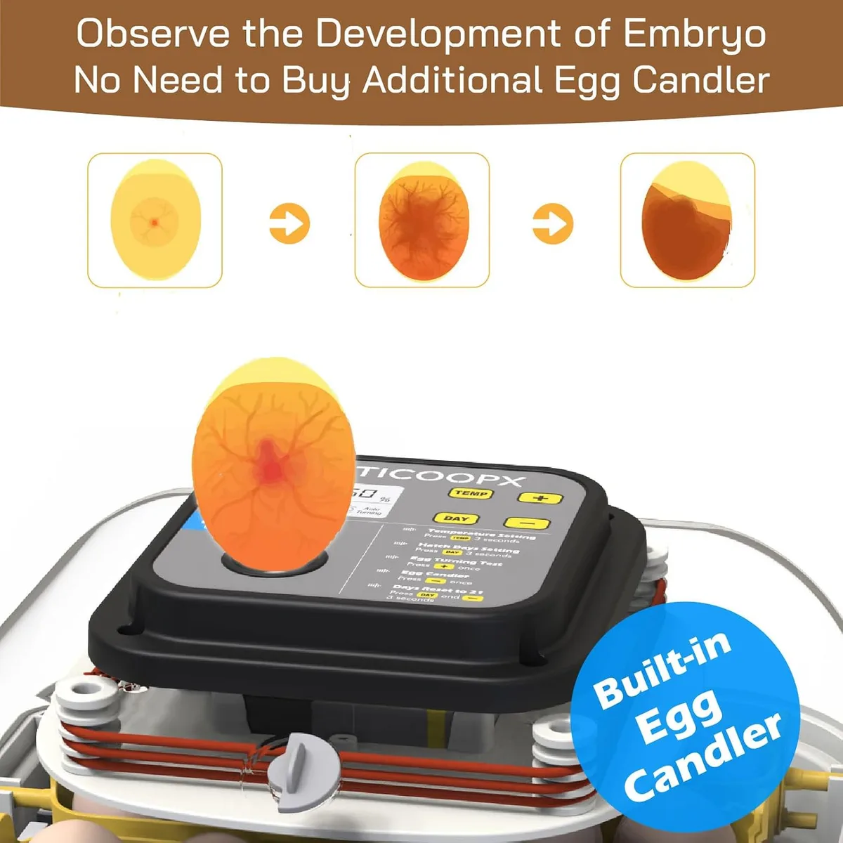 MATICOOPX 20 Egg Incubator with Humidity Display, Egg Candler, Automatic Egg Turner, for Hatching Chickens — image 10