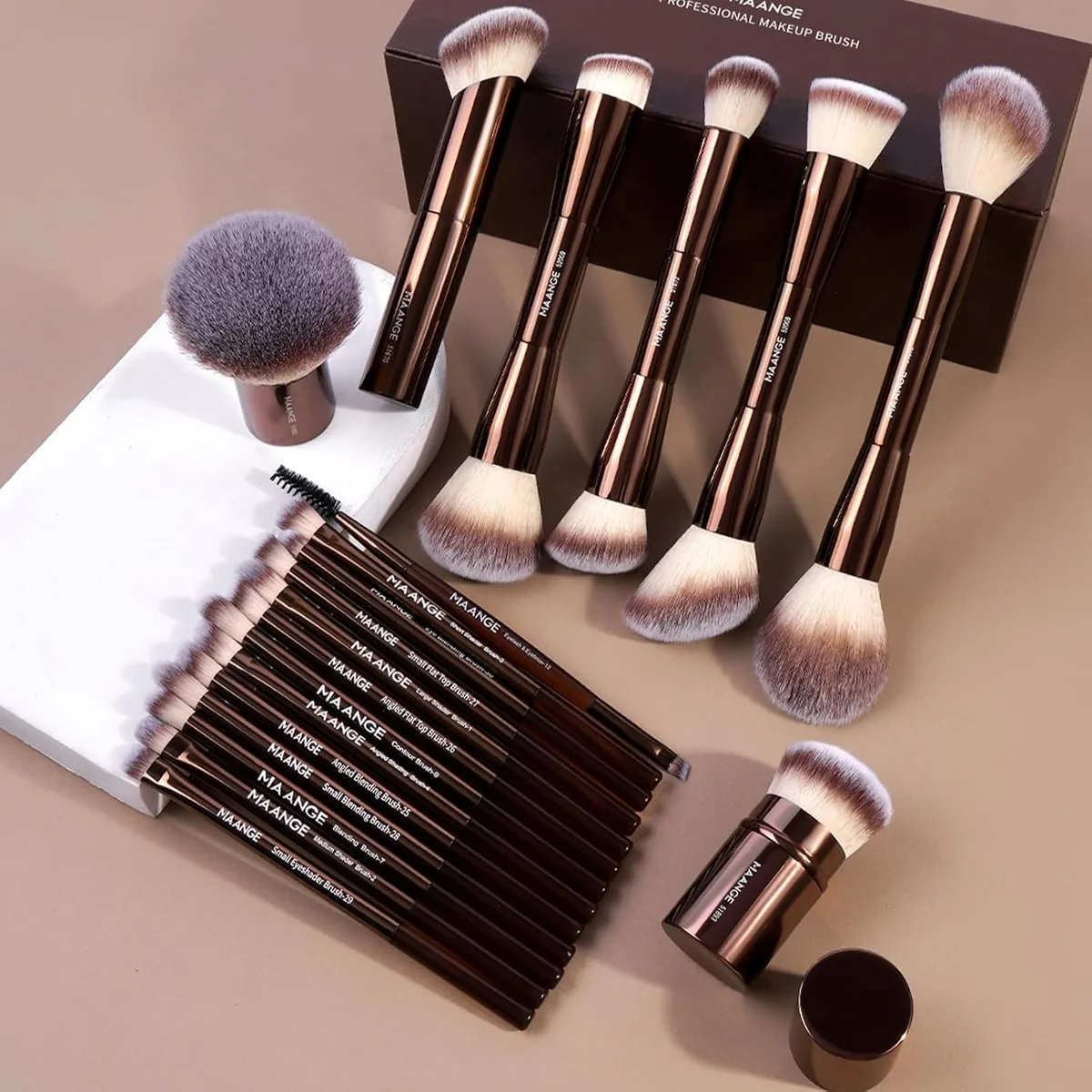 MAANGE 20 Pcs Makeup Brushes with Gift Box, Double-End Multi-functional Makeup Brushes for Blending Liquid Powder Concealer Cream Blush Buffe,CoffeeBrown — image 2