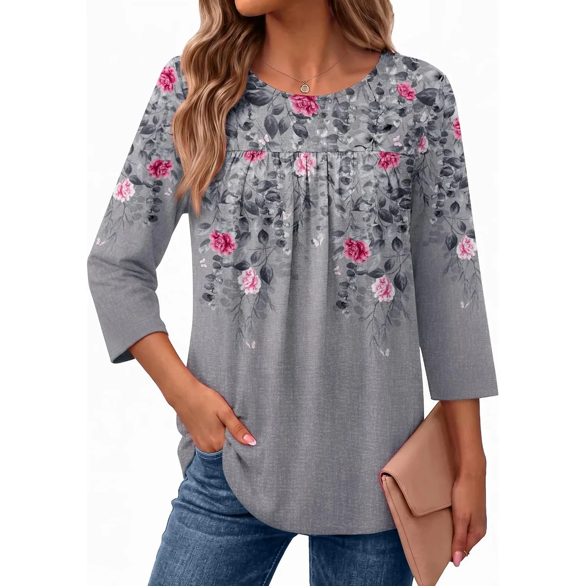 Ekouaer Womens 3/4 Length Sleeve Tops Boho Blouses Casual Pleated Shirts — image 8