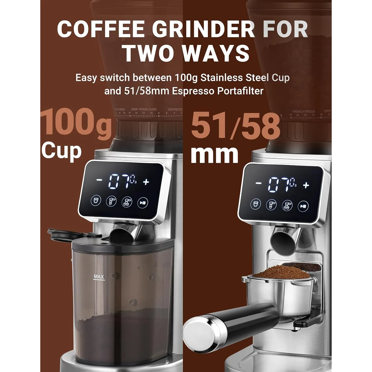 AMZCHEF Burr Coffee Grinder, 48 Settings, Less Static Mess, Metallic Silver — image 6