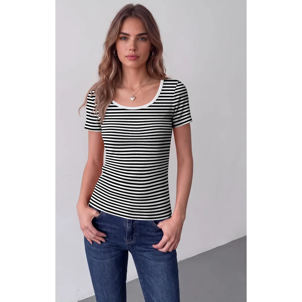 Zeagoo Womens Tops Short Sleeve Rib Knit Basic Tee Scoop Neck Fitted Shirt — image 2
