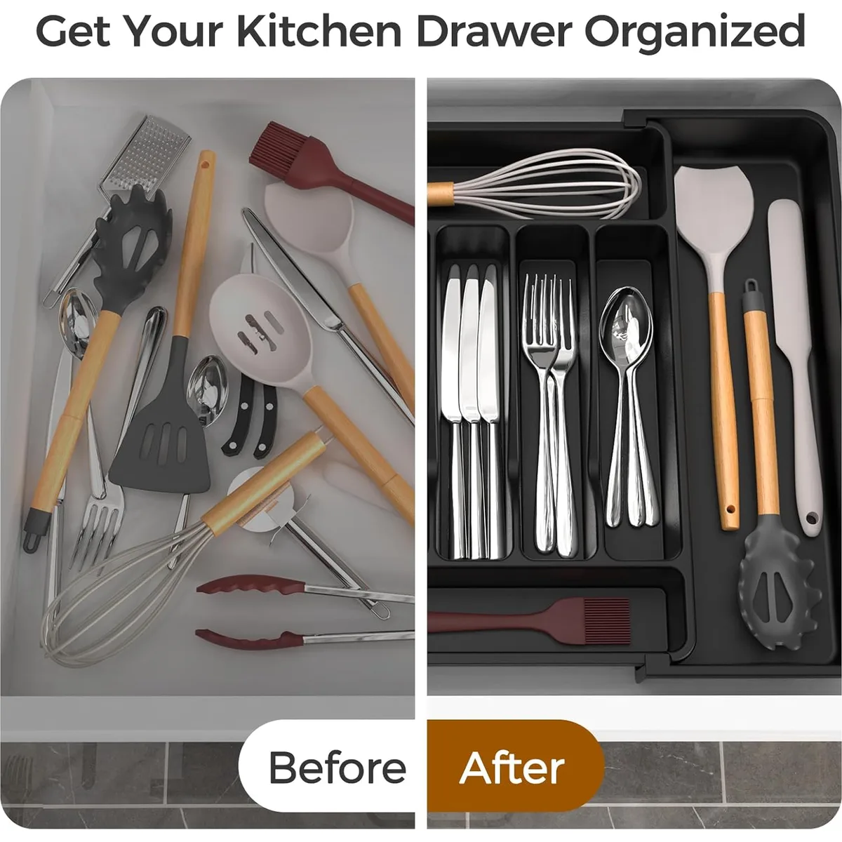 ukeetap Extra Large Expandable Silverware Organizer, Flatware Tray, Black — image 6