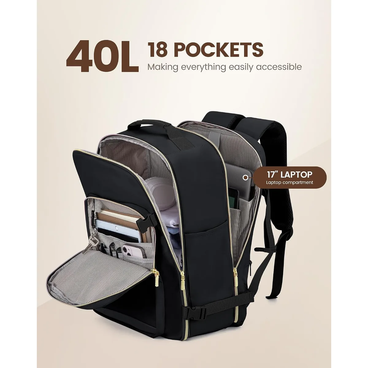 LOVEVOOK 40L Travel Backpack Flight Approved Carry on Backpack,3 Packing Cubes,Waterproof Personal Item Travel Bag,TSA Carry on Luggage Suitcase Travel Essentials,Gifts for Women & Men,fits 17" Laptop — image 3
