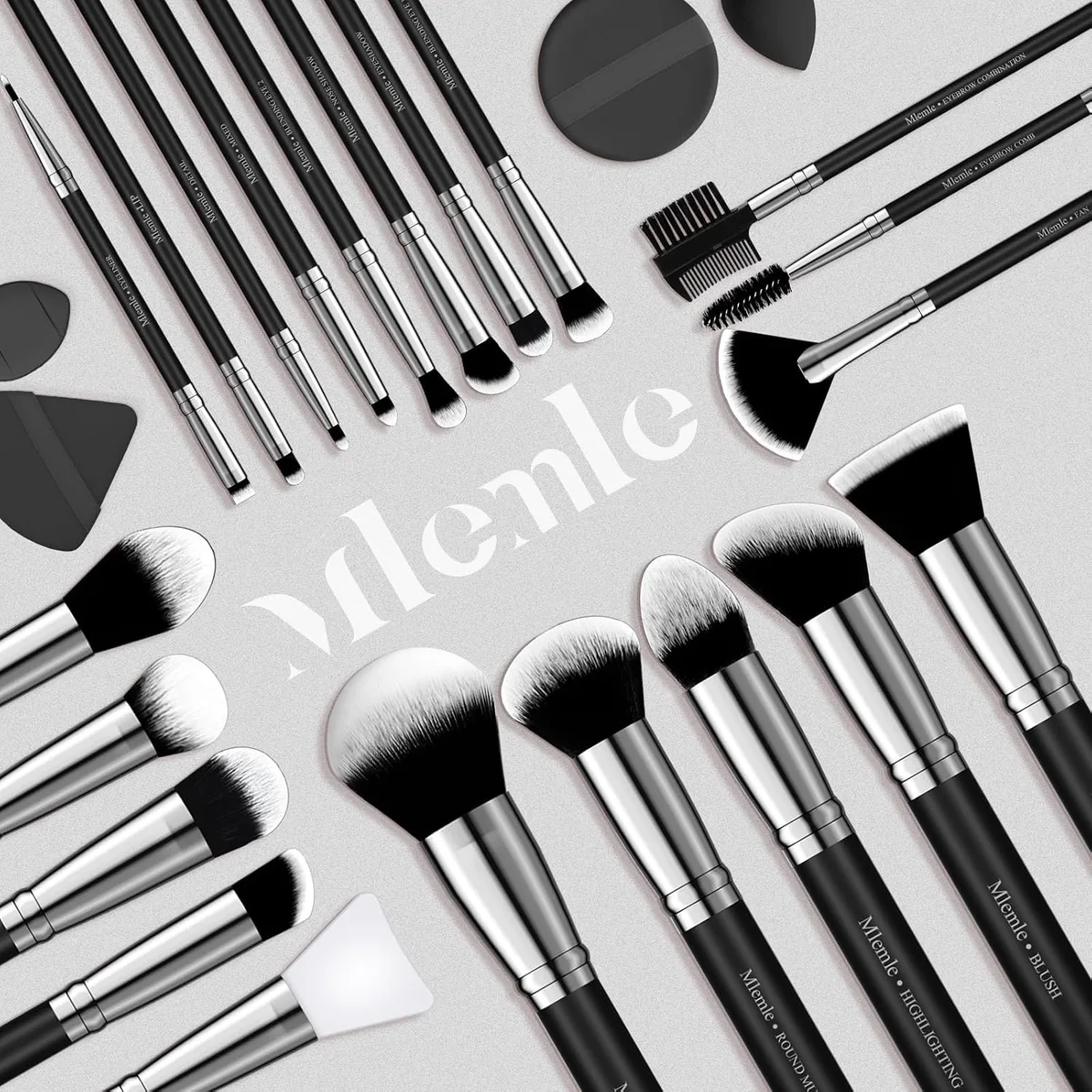 Makeup Brushes Set, Mlemle Professional 25 Pcs Makeup Kit, Include Foundation Powder Blush Concealers Eye shadows 21 Pcs Makeup Brushes and 2 Powder Puff, 2 Makeup Sponge(B01-Black) — image 7