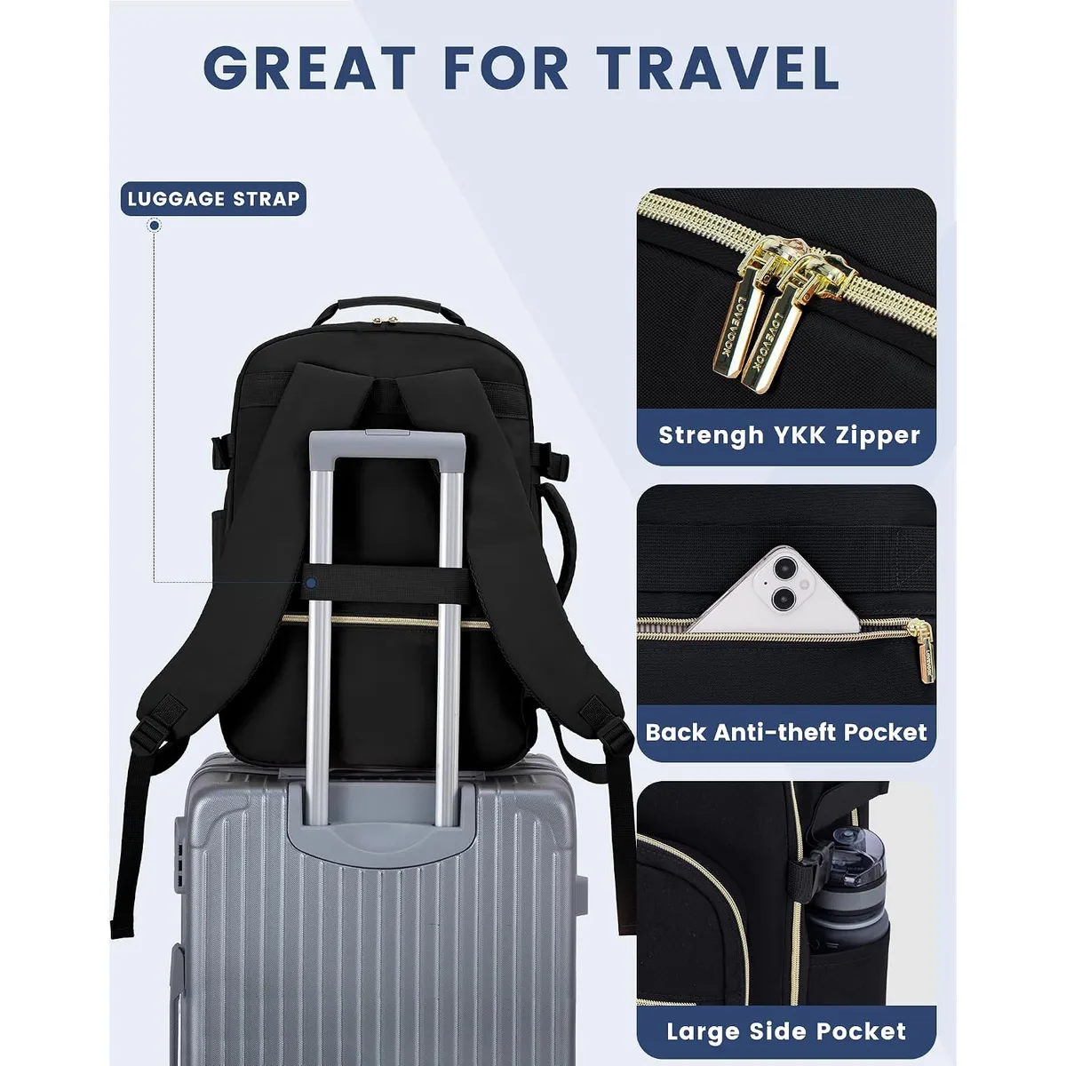 LOVEVOOK 40L Travel Backpack Flight Approved Carry on Backpack,3 Packing Cubes,Waterproof Personal Item Travel Bag,TSA Carry on Luggage Suitcase Travel Essentials,Gifts for Women & Men,fits 17" Laptop — image 8