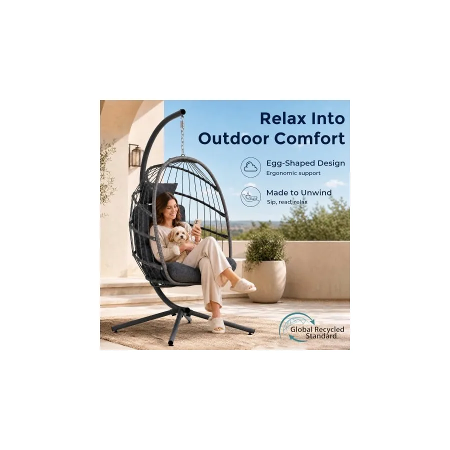 SWITTE Egg Chair Outdoor with Stand, Indoor Wicker Hanging Egg Swing, Grey — image 4