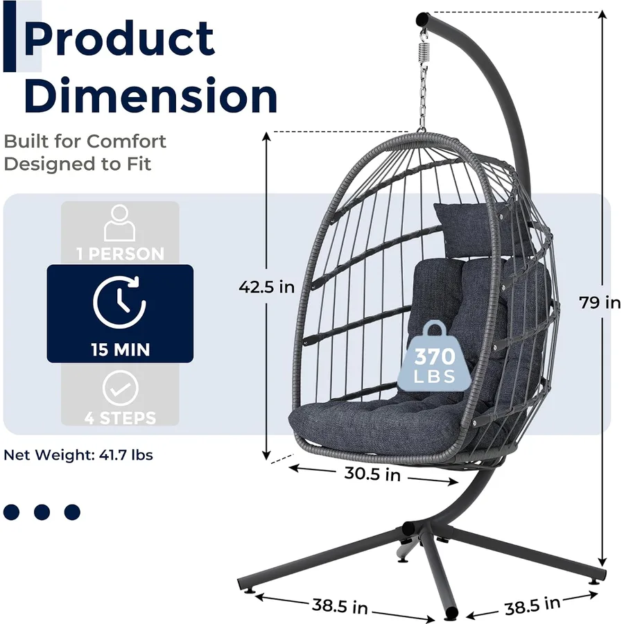 SWITTE Egg Chair Outdoor with Stand, Indoor Wicker Hanging Egg Swing, Grey — image 8