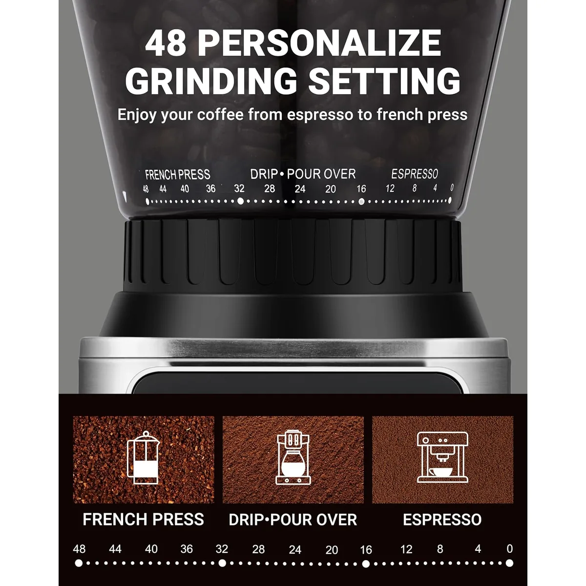 AMZCHEF Burr Coffee Grinder, 48 Settings, Less Static Mess, Metallic Silver — image 3