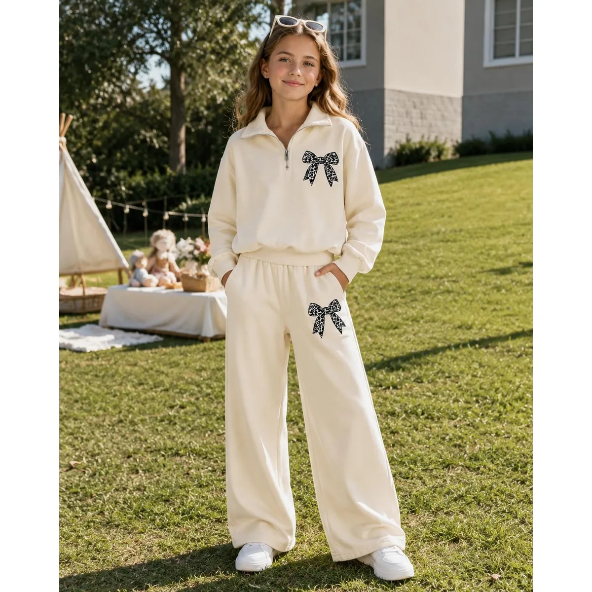 Tween Girls Clothes Long Sleeve BowBow Zip-Up Sweatshirt + Wide Leg Pants 2 Piece Outfit Set, Size 7-16Years — image 2