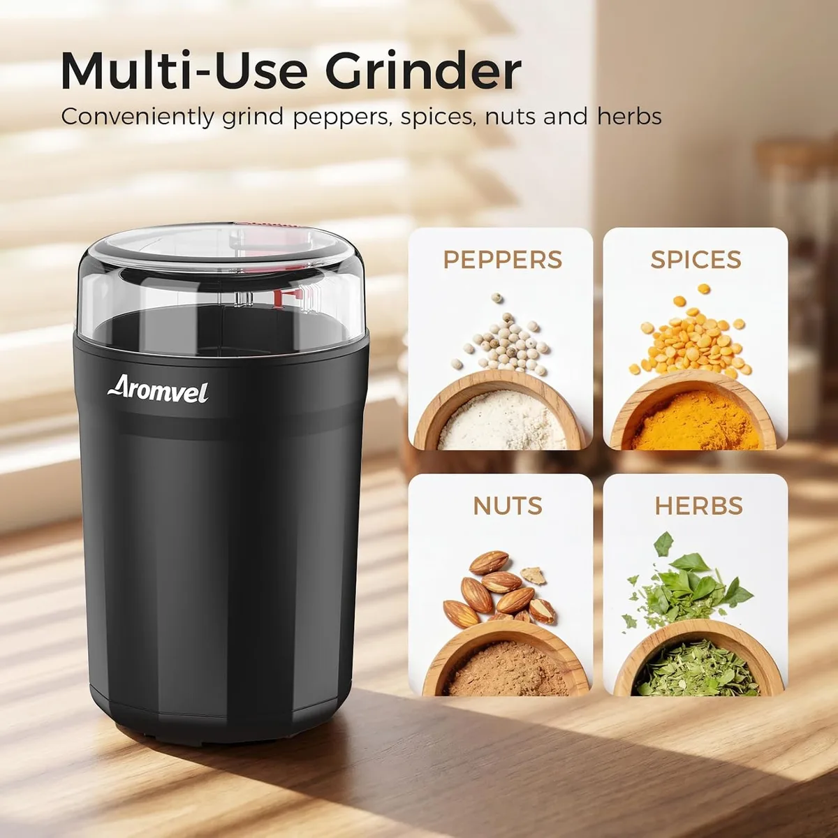 Electric Coffee Grinder, 2-in-1 Cleaning Brush & Scoop, Safety Lid — image 5