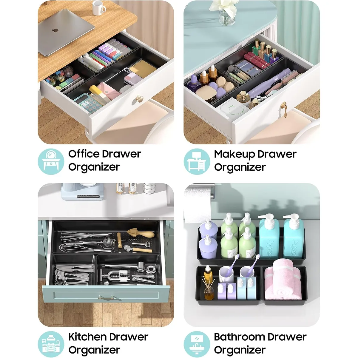 10 Pack Large Size Plastic Drawer Organizers Set, 3 Sizes Desk Drawer Organizer Trays, Storage Bins for Vanity, Makeup, Bathroom, Kitchen Utensils and Office (Black) — image 5