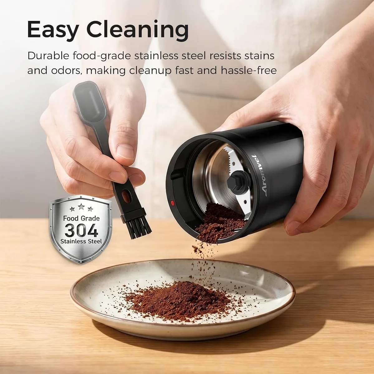 Electric Coffee Grinder, 2-in-1 Cleaning Brush & Scoop, Safety Lid — image 6