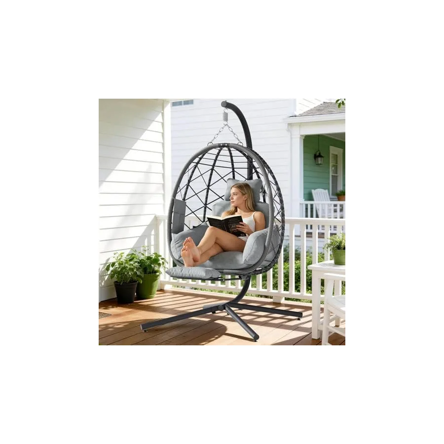 Suteck Hanging Egg Chair with Adjustable Footrest & Stand, Grey — image 4