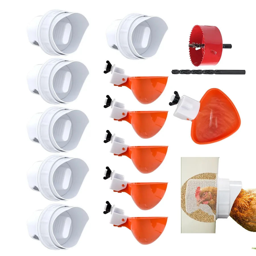 DIY Chicken Feeder and Waterer Automatic Chicken Feeder No Waste Poultry Feeder Kit for Buckets Barrels Bins Troughs, 6 Ports and 6 Water Cups