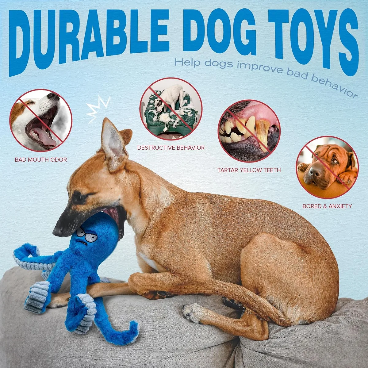 LEGEND SANDY Tough Dog Toys, Stuffed Chew Large Dog Toys to Keep Them Busy, Interactive Squeaky Tug of War Doggie Toy, Crinkle Blue Octopus — image 4